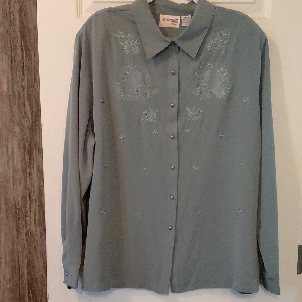 Vintage Light Sage Embrodered Long Sleeve Top